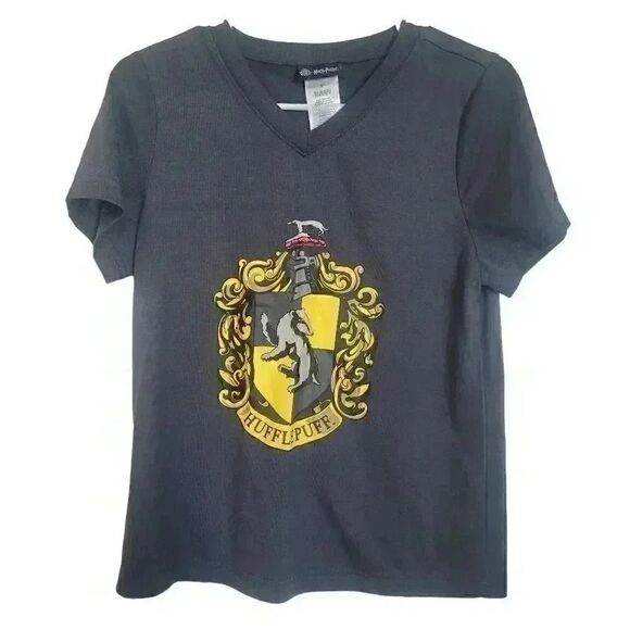 Harry Potter Unisex Adult Dark Navy Poly Hufflepuff V-Neck Short Sleeve T-Shirt - Picture 1 of 6